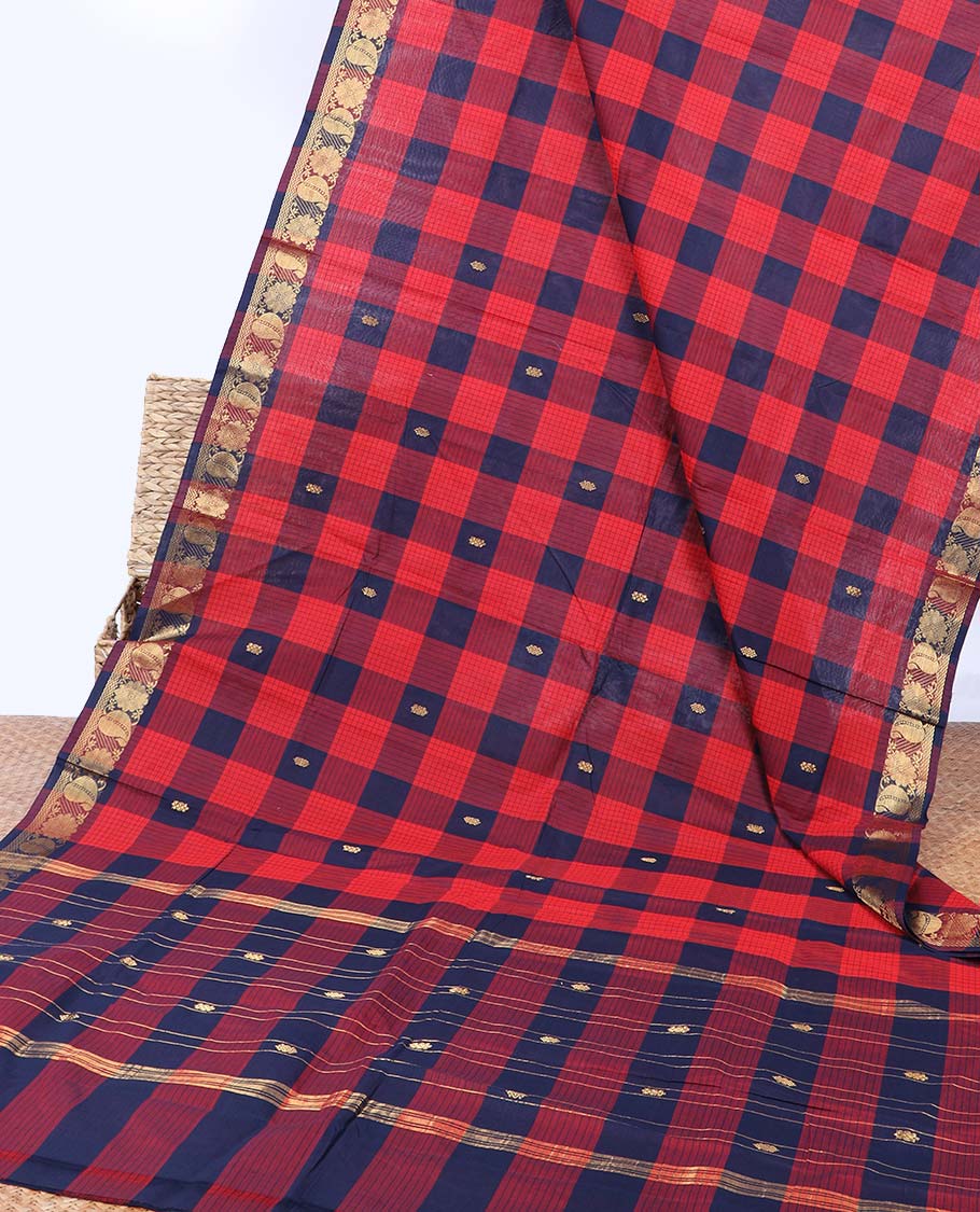 Multi-color checked Chettinad cotton saree with buttas, traditional zari design border & striped pallu