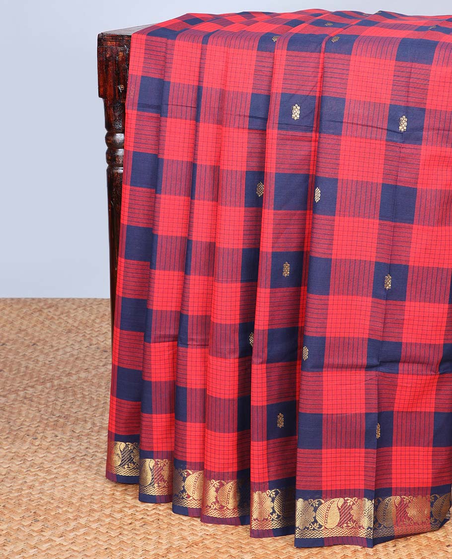 Multi-color checked Chettinad cotton saree with buttas, traditional zari design border & striped pallu