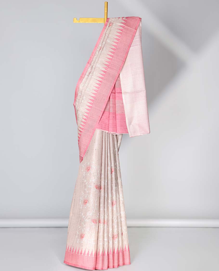 Pale brown floral vine embroidered semi-banaras art tussar saree, contrast vidarbha border & striped pallu 
