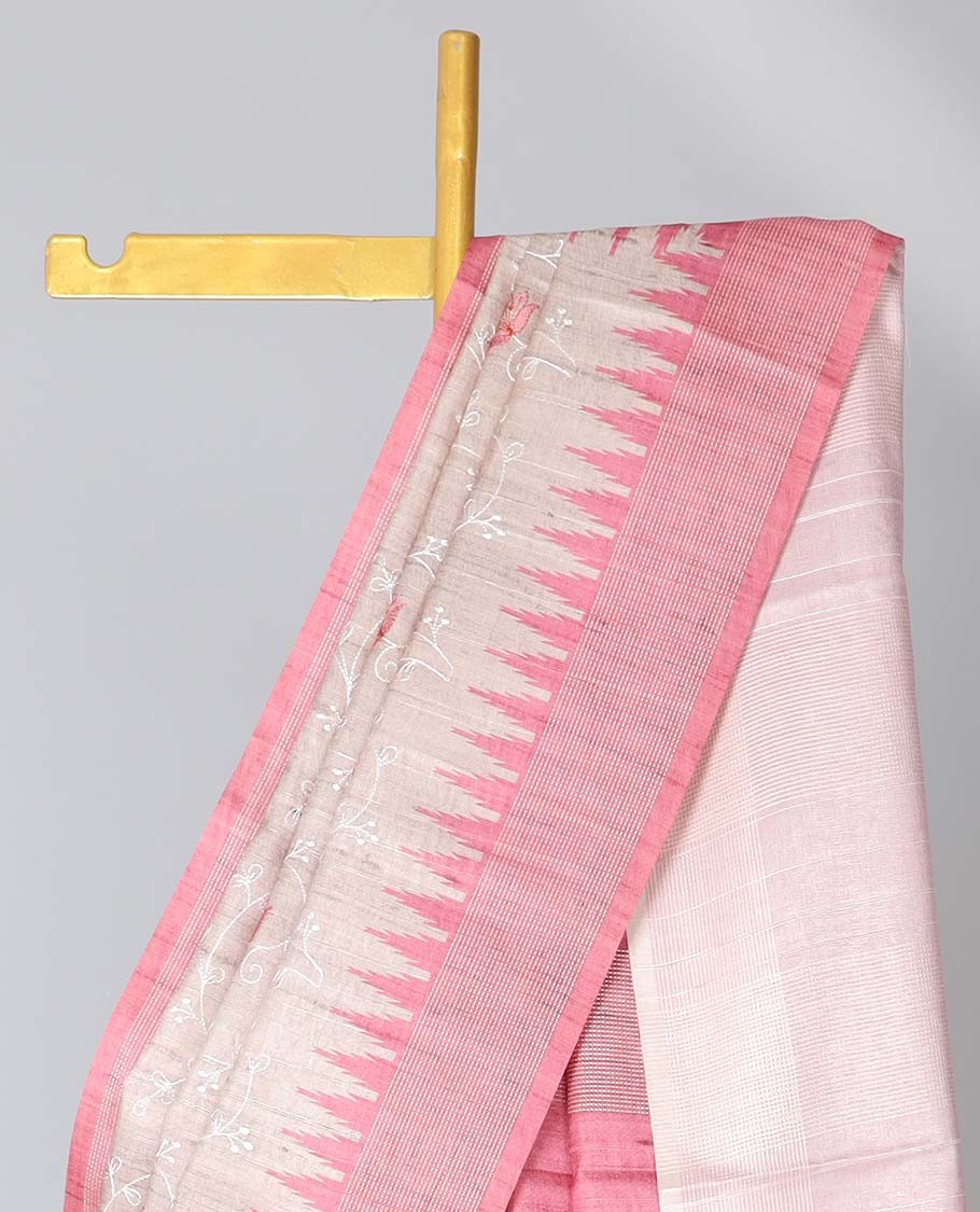 Pale brown floral vine embroidered semi-banaras art tussar saree, contrast vidarbha border & striped pallu 