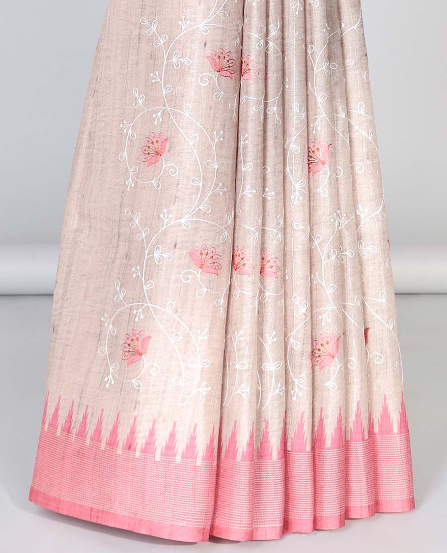 Pale brown floral vine embroidered semi-banaras art tussar saree, contrast vidarbha border & striped pallu 