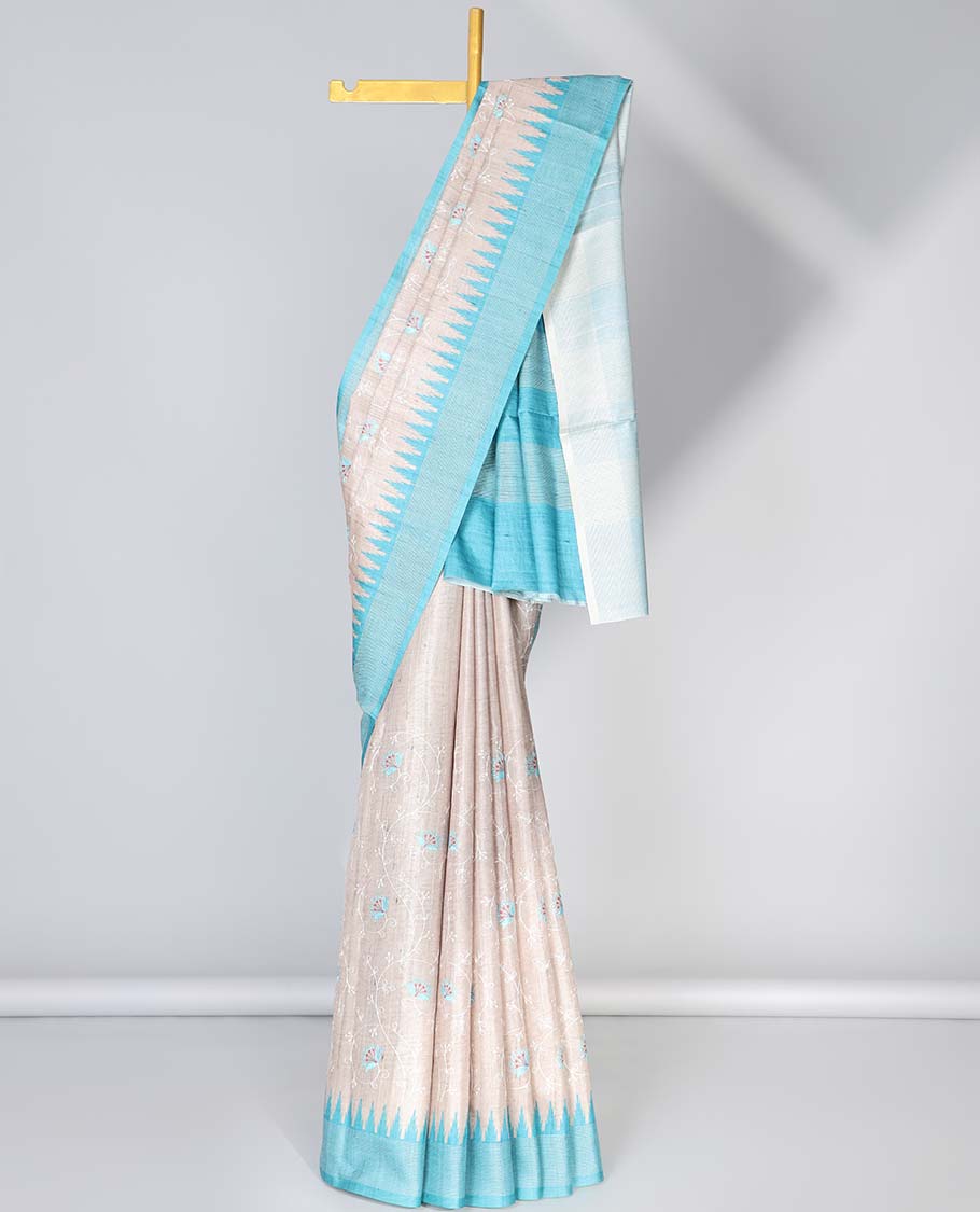 Pale brown floral vine embroidered semi-banaras art tussar saree, contrast vidarbha border & striped pallu