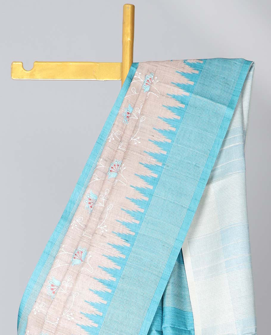 Pale brown floral vine embroidered semi-banaras art tussar saree, contrast vidarbha border & striped pallu