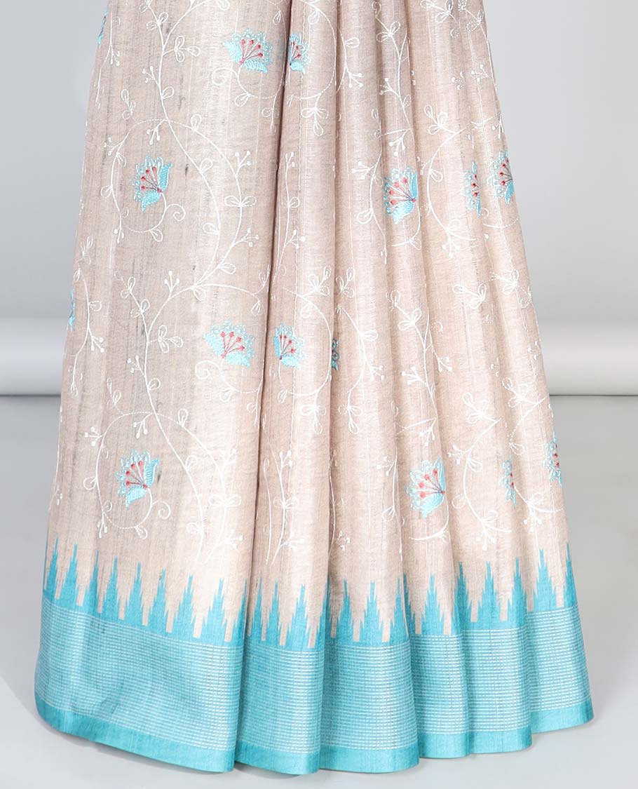 Pale brown floral vine embroidered semi-banaras art tussar saree, contrast vidarbha border & striped pallu