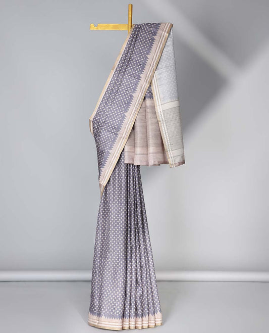 Grey diamond motifs semi-banaras art tussar saree, contrast vidarbha border & striped pallu 