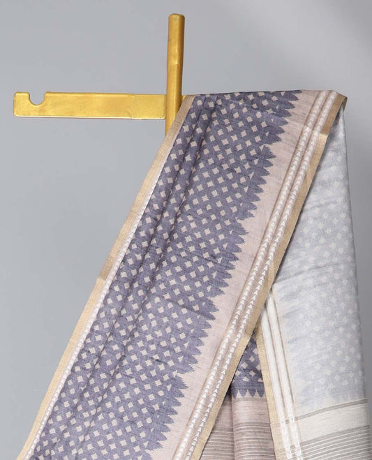 Grey diamond motifs semi-banaras art tussar saree, contrast vidarbha border & striped pallu 