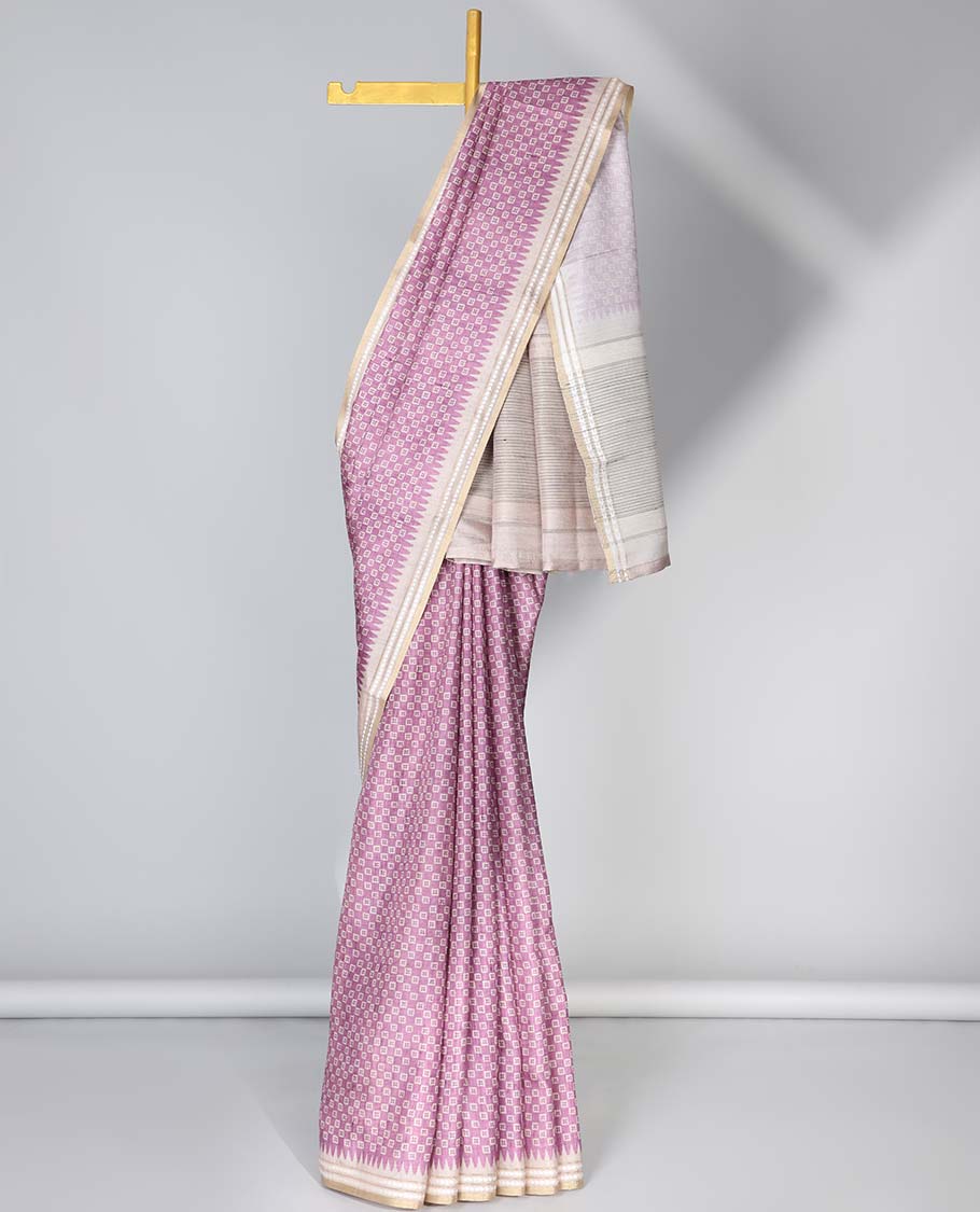 Purple unique motifs semi-banaras art tussar saree, contrast vidarbha border & striped pallu 