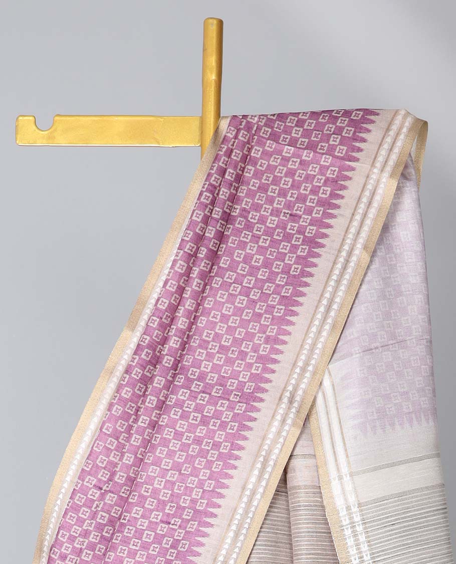 Purple unique motifs semi-banaras art tussar saree, contrast vidarbha border & striped pallu 
