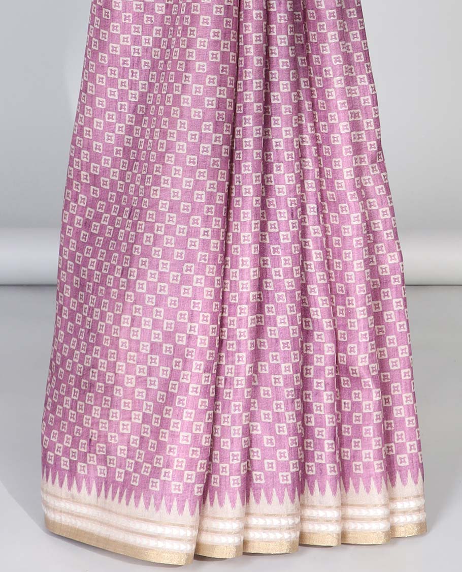 Purple unique motifs semi-banaras art tussar saree, contrast vidarbha border & striped pallu 