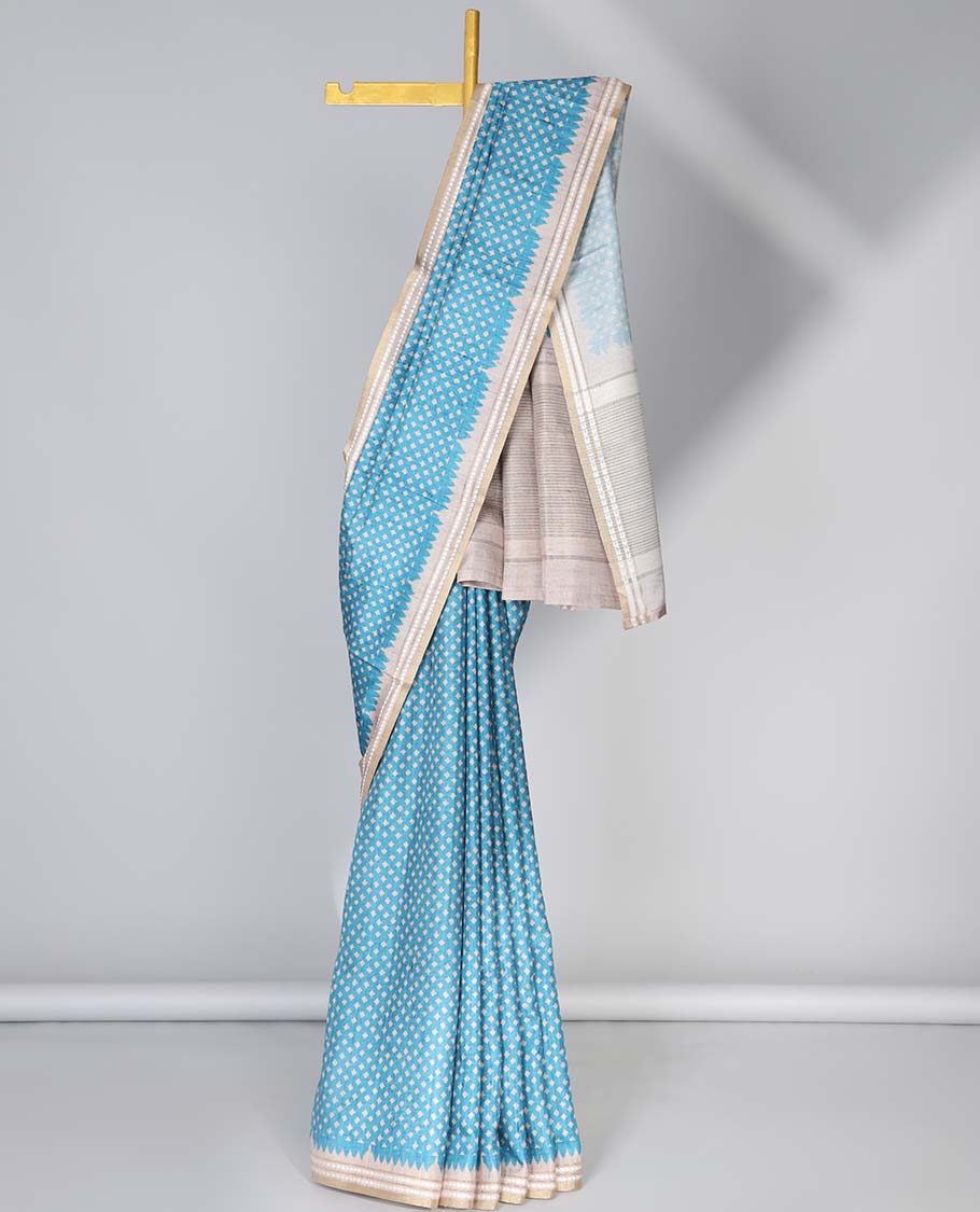 Blue diamond motifs semi-banaras art tussar saree, contrast vidarbha border & striped pallu 
