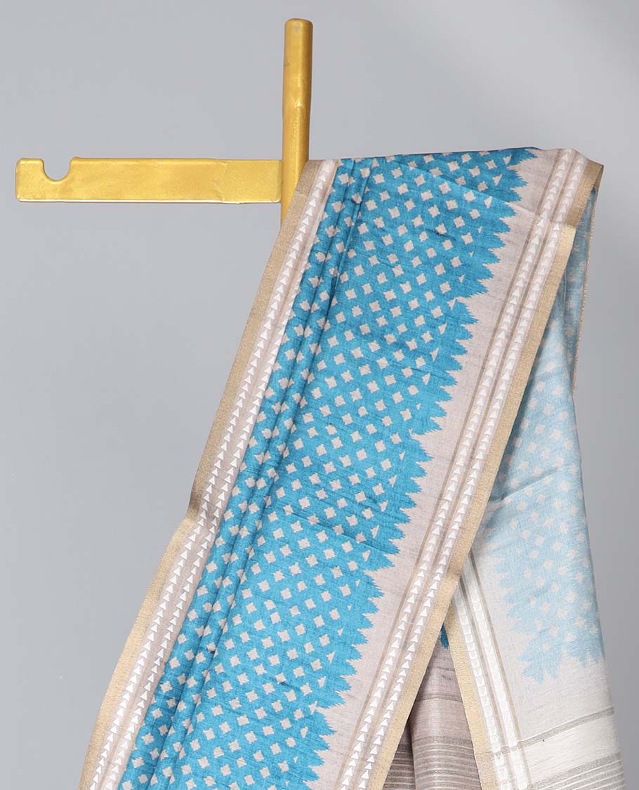 Blue diamond motifs semi-banaras art tussar saree, contrast vidarbha border & striped pallu 