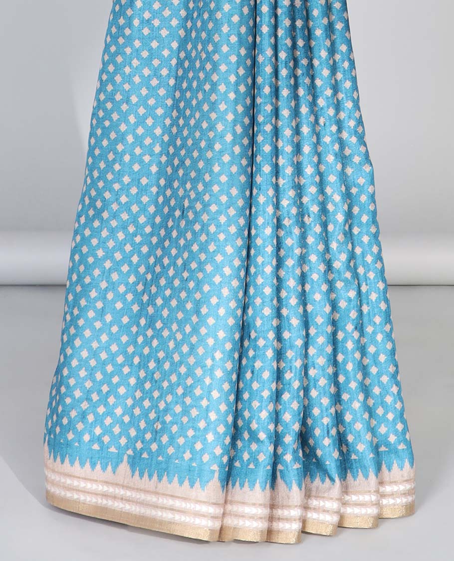 Blue diamond motifs semi-banaras art tussar saree, contrast vidarbha border & striped pallu 