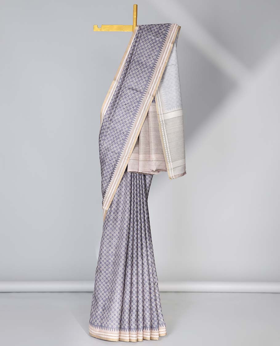 Grey unique motifs semi-banaras art tussar saree, contrast vidarbha border & striped pallu 