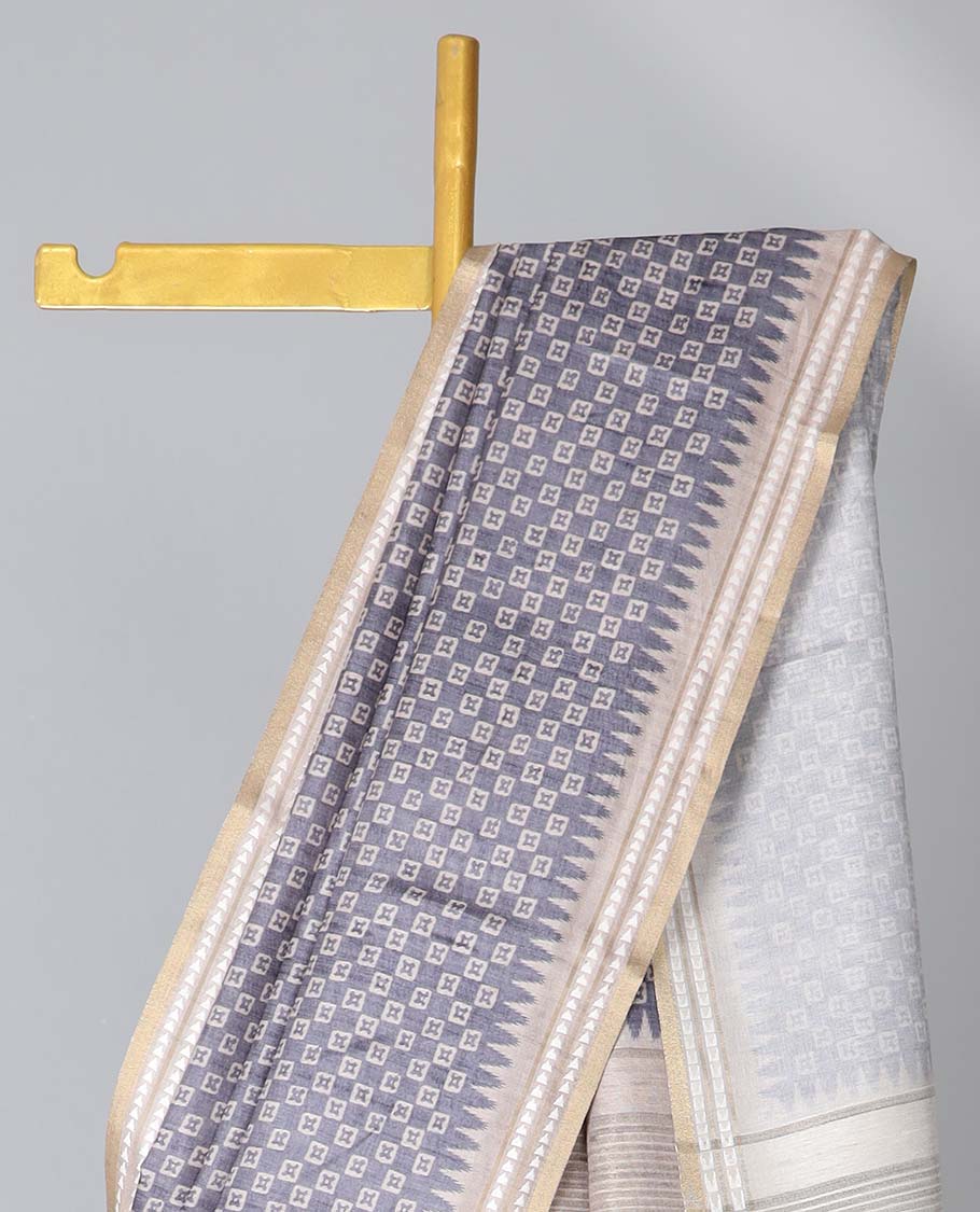 Grey unique motifs semi-banaras art tussar saree, contrast vidarbha border & striped pallu 