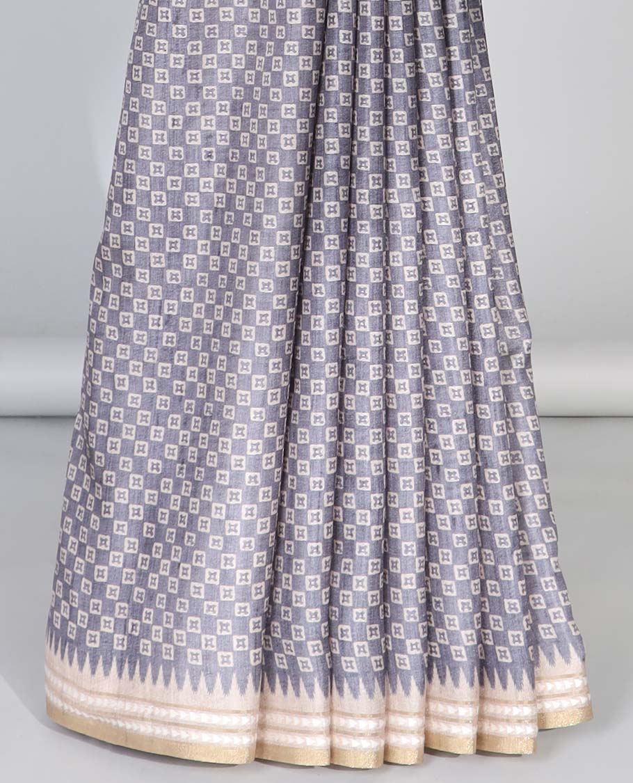 Grey unique motifs semi-banaras art tussar saree, contrast vidarbha border & striped pallu 