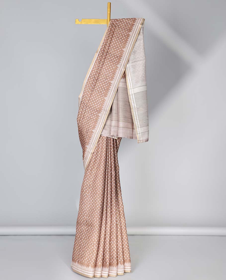 Grey diamond motifs semi-banaras art tussar saree, contrast vidarbha border & striped pallu