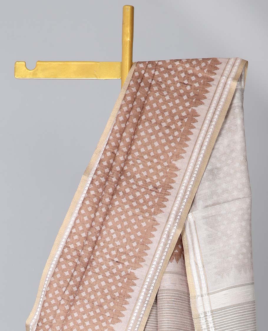 Grey diamond motifs semi-banaras art tussar saree, contrast vidarbha border & striped pallu