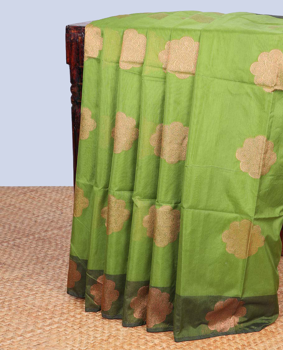 Green zari buttas semi-silk cotton saree, contrast flower zari design border & jaal patterned pallu 
