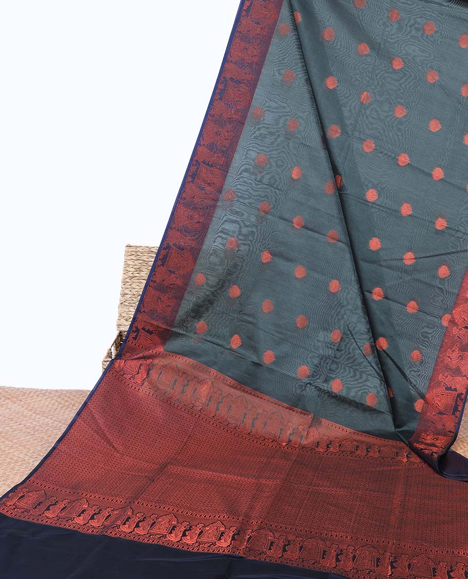 Grey zari buttas semi-silk cotton saree, contrast wedding-theme motifs zari border &  intricately designed pallu