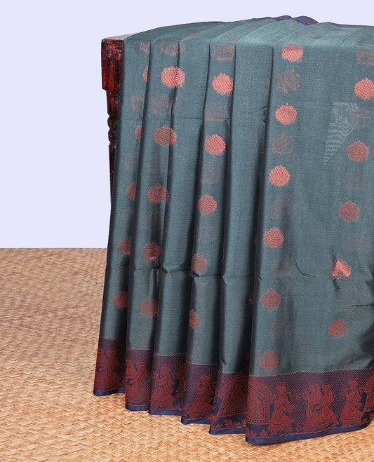 Grey zari buttas semi-silk cotton saree, contrast wedding-theme motifs zari border &  intricately designed pallu