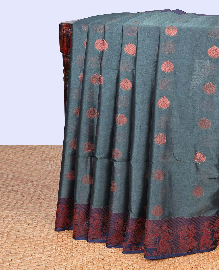 Grey zari buttas semi-silk cotton saree, contrast wedding-theme motifs zari border &  intricately designed pallu
