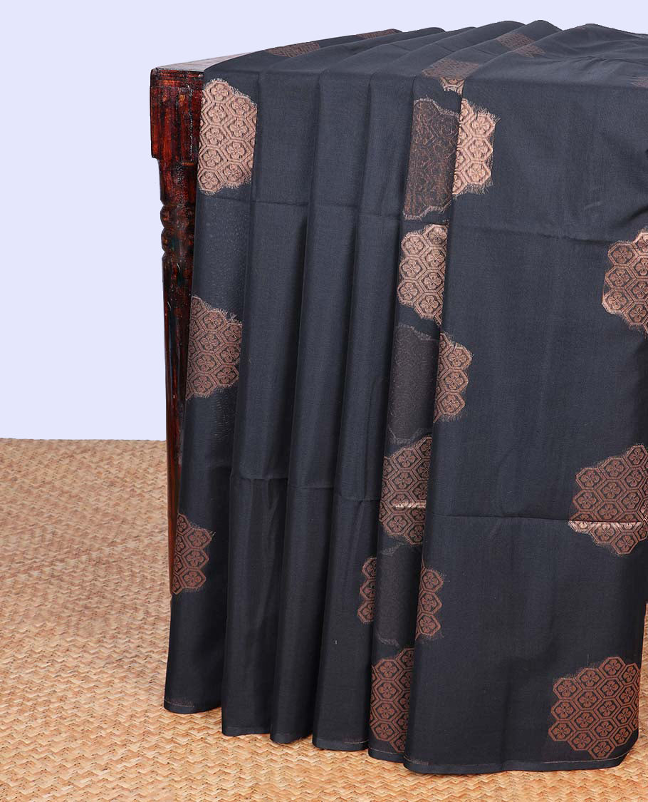 Borderless black zari buttas semi-silk cotton saree, contrast intricately designed pallu 