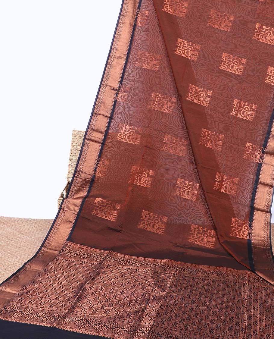 Orange zari buttas semi-silk cotton saree, contrast traditional zari border & intricately designed pallu