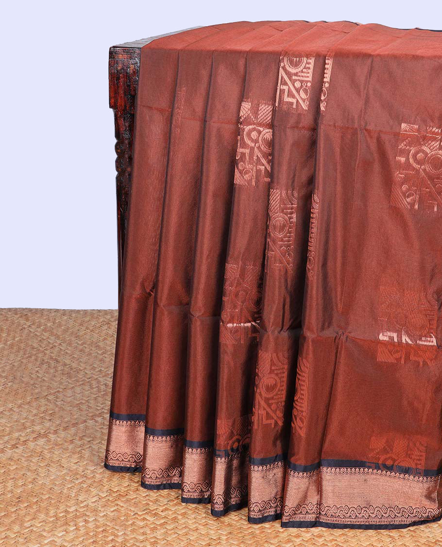Orange zari buttas semi-silk cotton saree, contrast traditional zari border & intricately designed pallu