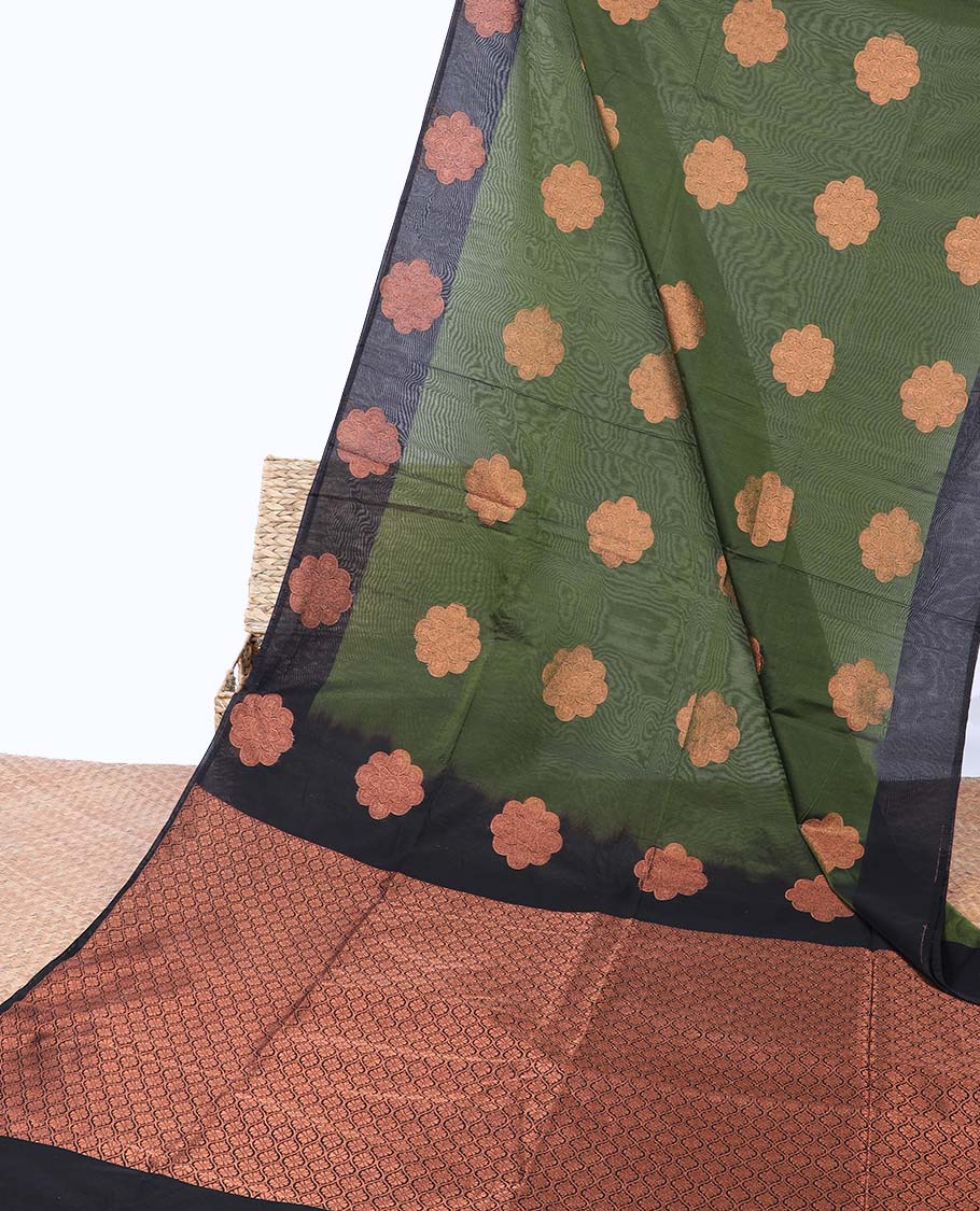 Green flower zari buttas semi-silk cotton saree, contrast flower zari design border & jaal design pallu 