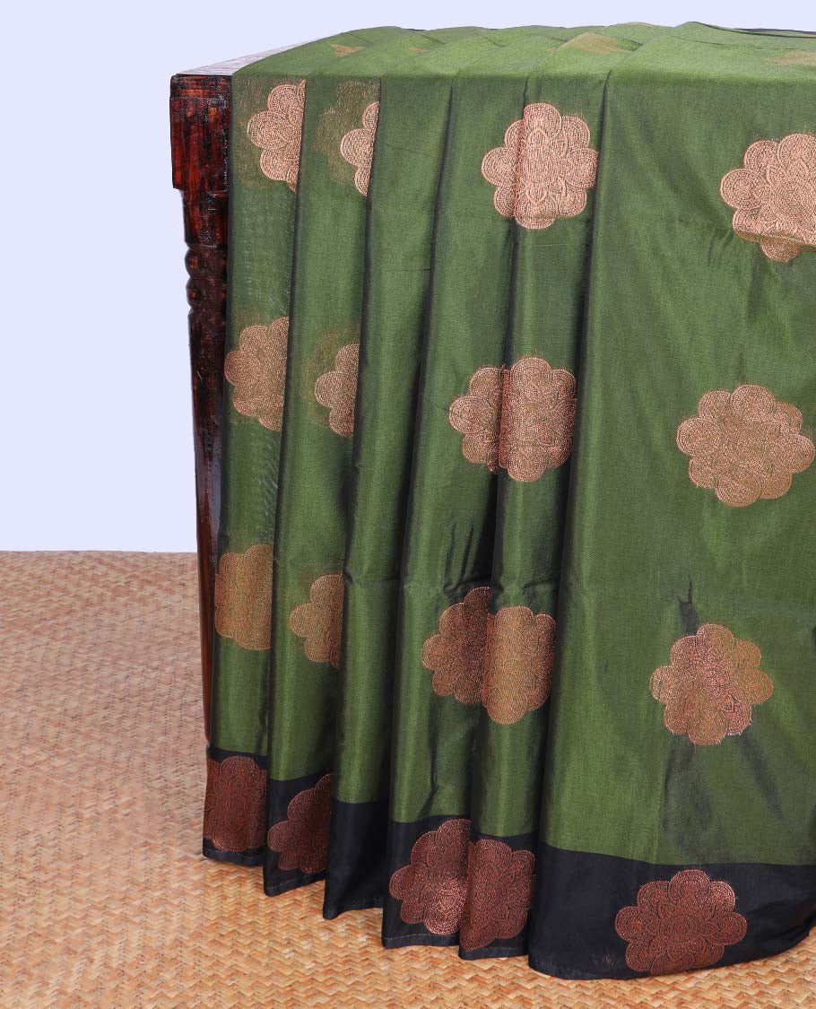 Green flower zari buttas semi-silk cotton saree, contrast flower zari design border & jaal design pallu 