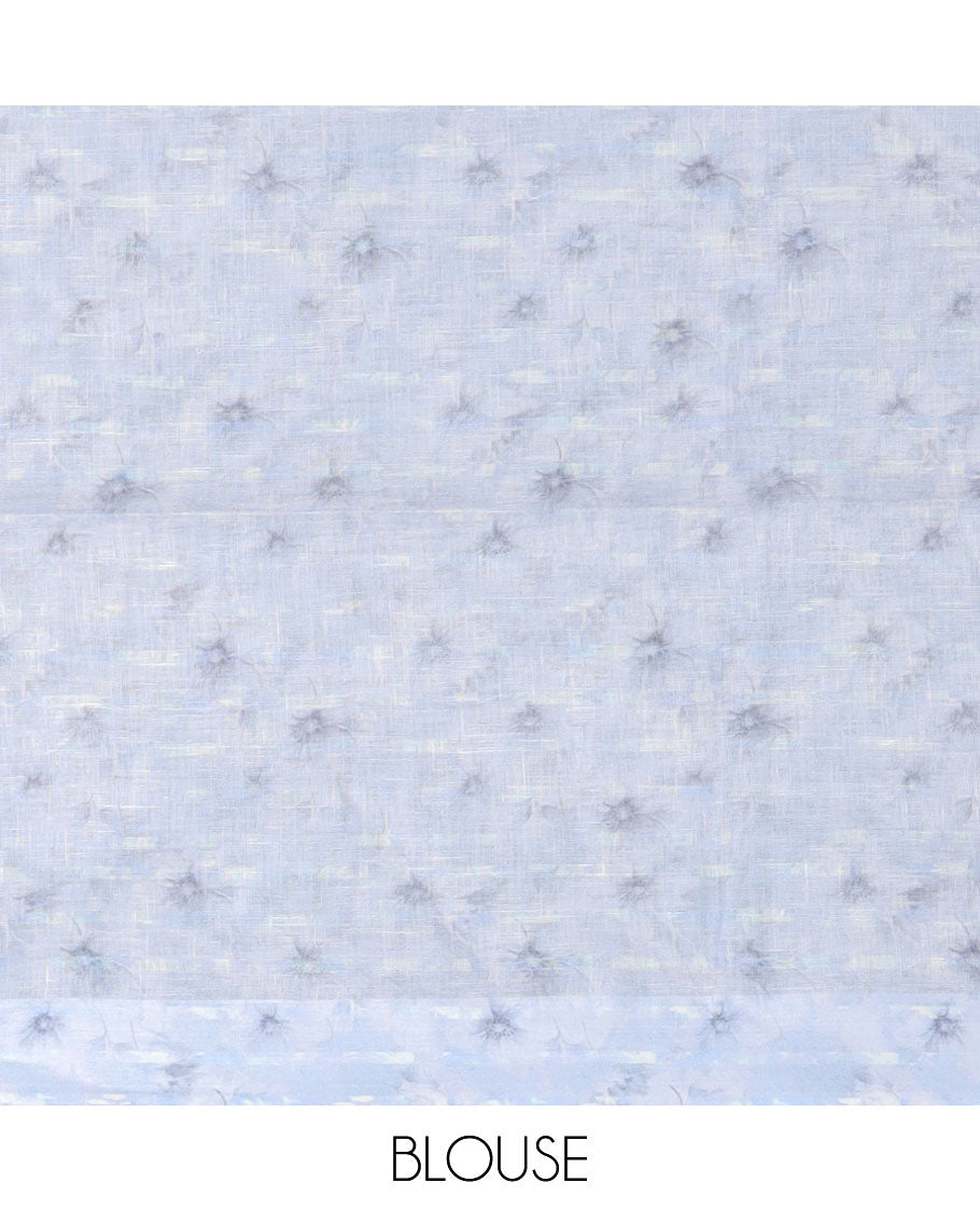 Blue floral printed linen saree, plain border & pallu of stripes