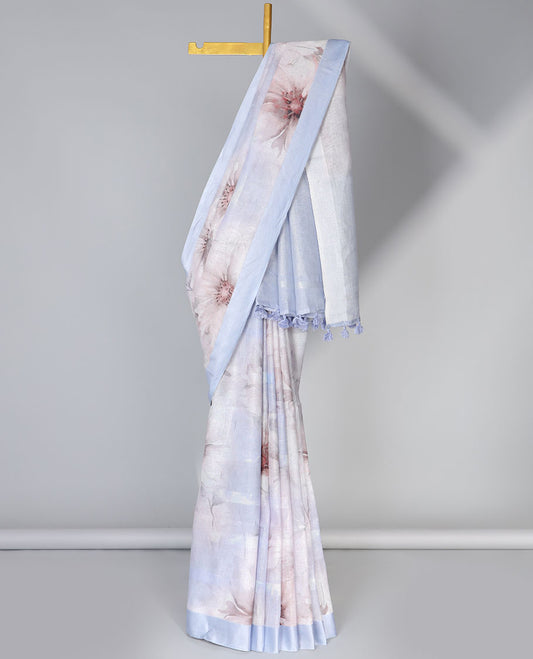 Blue floral printed linen saree, plain border & pallu of stripes