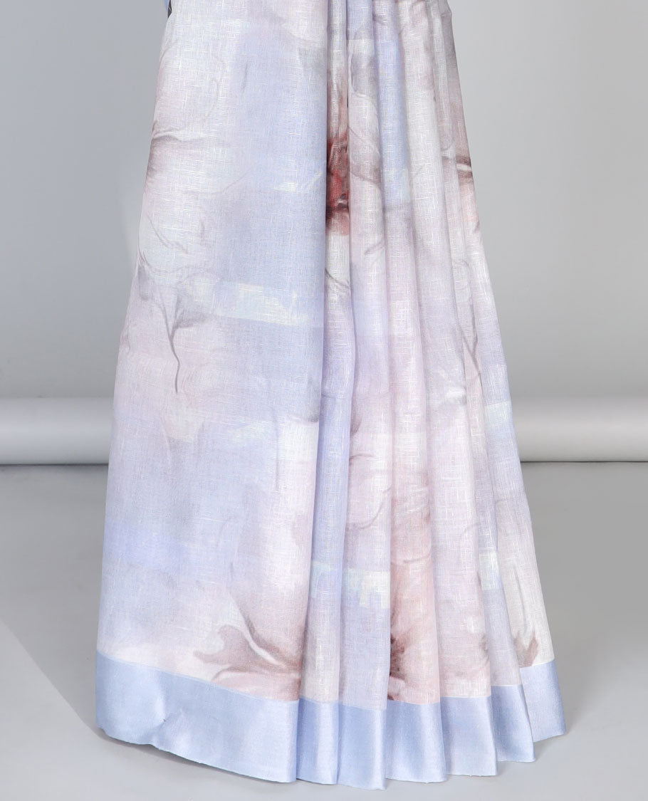 Blue floral printed linen saree, plain border & pallu of stripes
