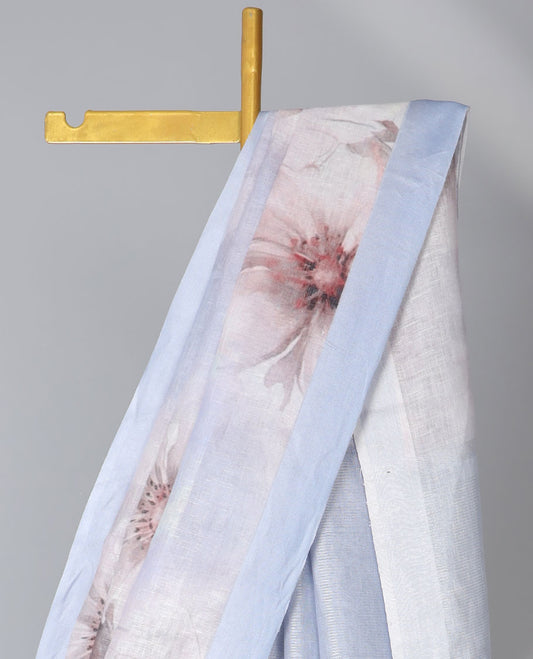 Blue floral printed linen saree, plain border & pallu of stripes