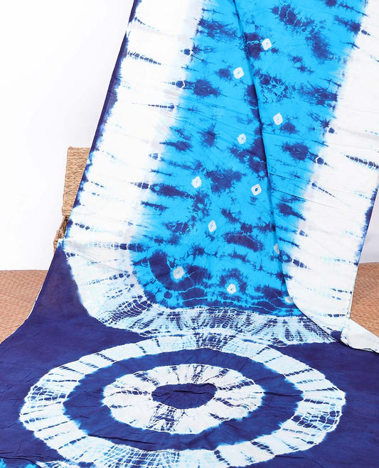Blue Shibori printed mul-mul cotton saree, contrast Shibori printed border & pallu