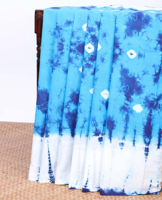 Blue Shibori printed mul-mul cotton saree, contrast Shibori printed border & pallu