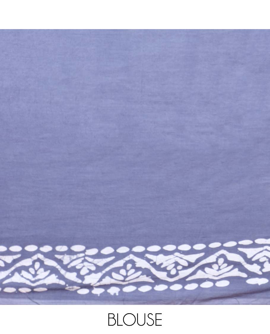 Pink floral vine batik-style printed mul-mul cotton saree, contrast batik-style printed border & pallu