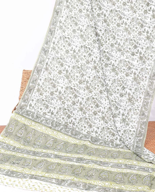 Cream floral printed mul-mul cotton saree, self-border & pallu of paisley & floral print