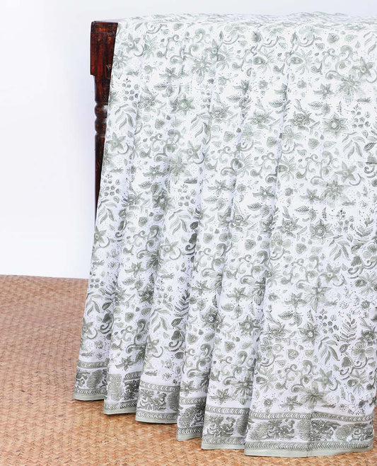 Cream floral printed mul-mul cotton saree, self-border & pallu of paisley & floral print