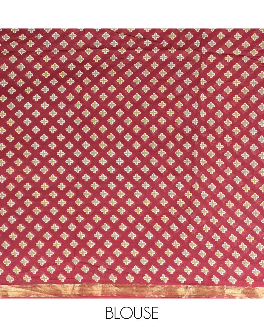 Maroon ajrakh-style printed mul-mul cotton saree, self-border & intricately printed pallu