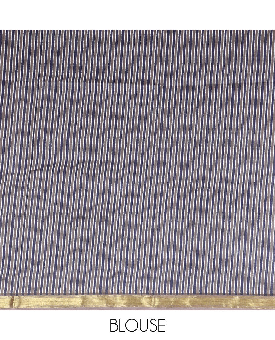 Grey ogee patterns ajrakh-style printed mul-mul cotton saree, self-border & intricately printed pallu