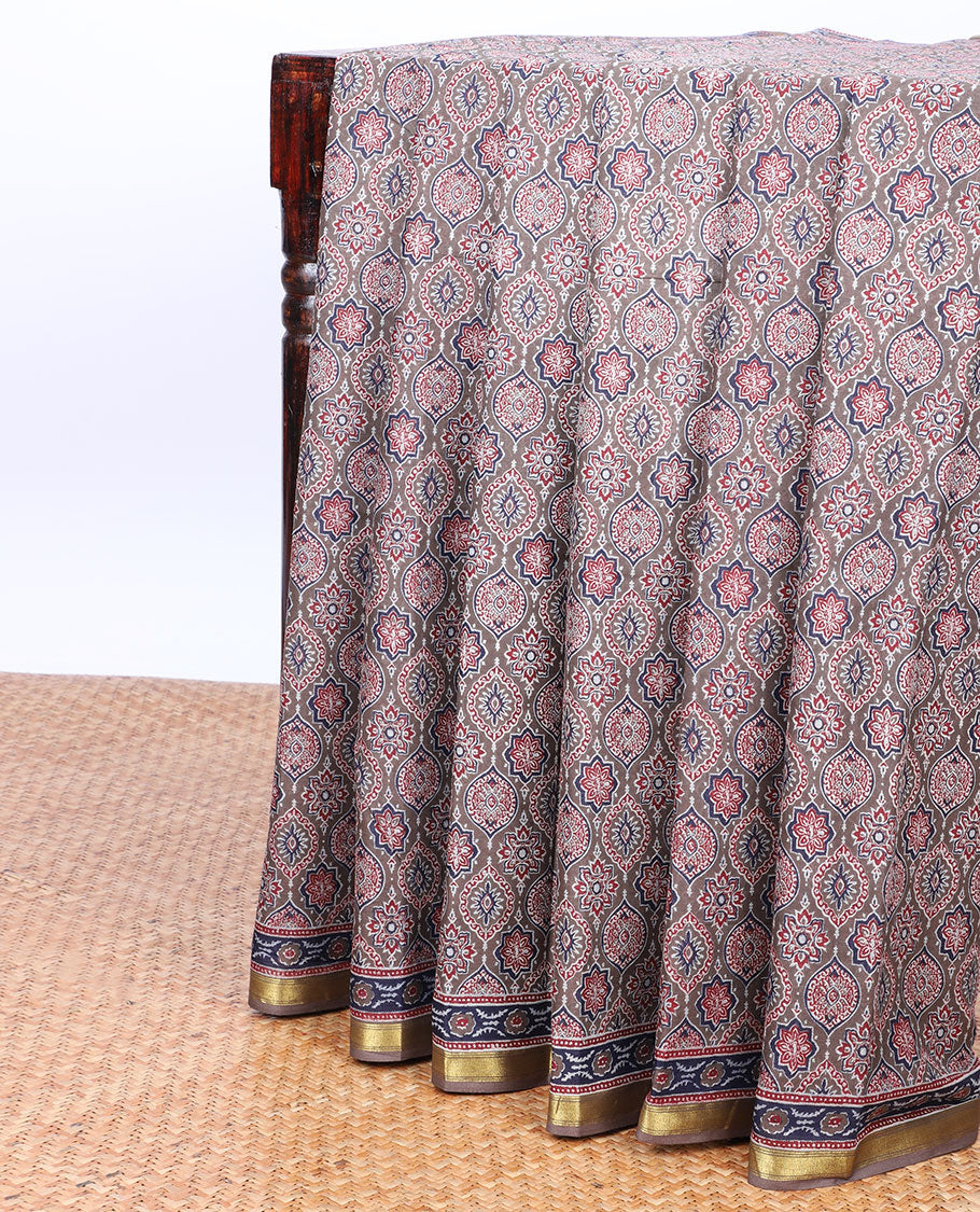 Grey ogee patterns ajrakh-style printed mul-mul cotton saree, self-border & intricately printed pallu