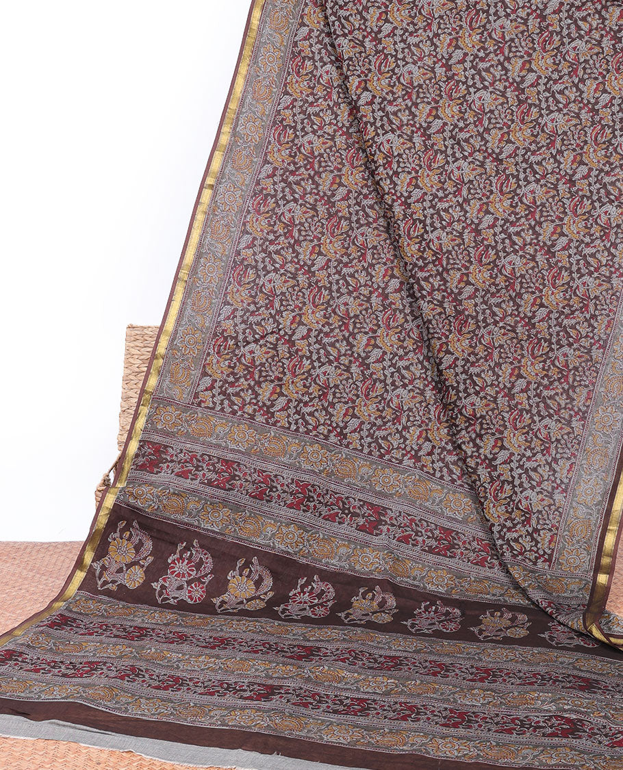 Brown floral printed mul-mul cotton saree, self-border & floral printed pallu