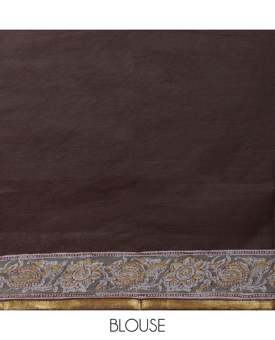 Brown floral printed mul-mul cotton saree, self-border & floral printed pallu