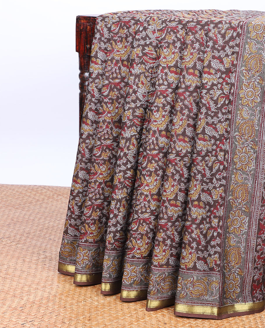 Brown floral printed mul-mul cotton saree, self-border & floral printed pallu