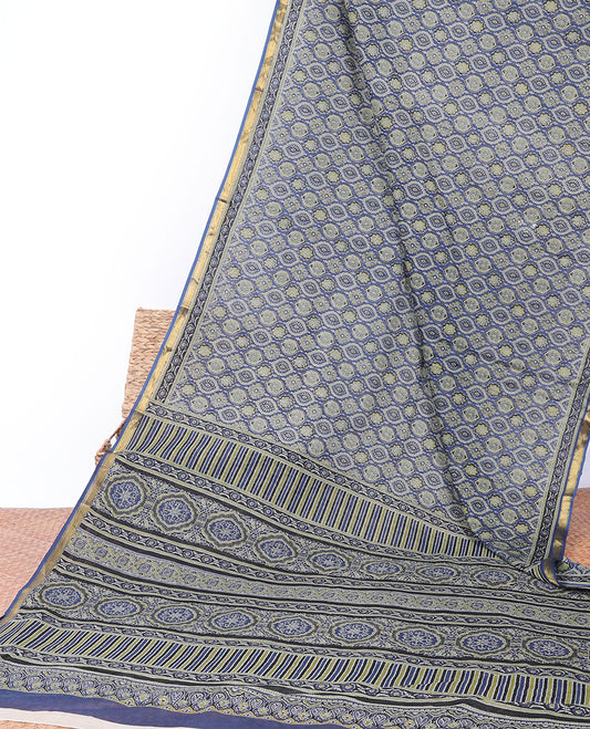 Blue ogee patterns ajrakh-style printed mul-mul cotton saree, self-border & intricately printed pallu