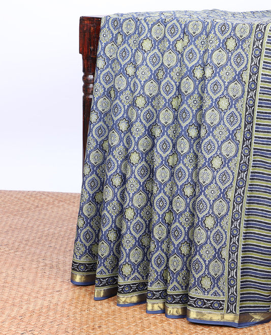 Blue ogee patterns ajrakh-style printed mul-mul cotton saree, self-border & intricately printed pallu