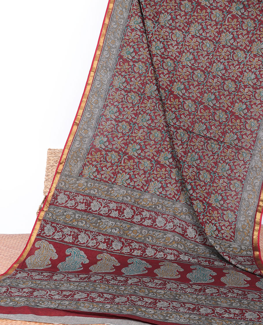 Maroon floral printed mul-mul cotton saree, self-border & floral & geometric printed pallu