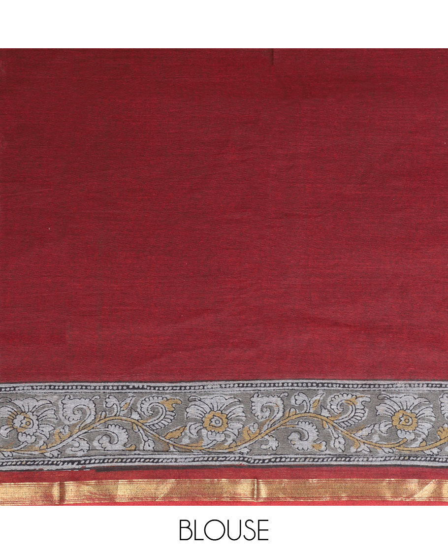 Maroon floral printed mul-mul cotton saree, self-border & floral & geometric printed pallu
