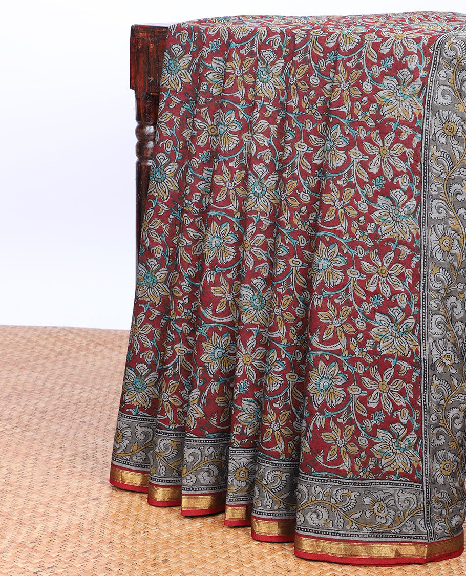 Maroon floral printed mul-mul cotton saree, self-border & floral & geometric printed pallu
